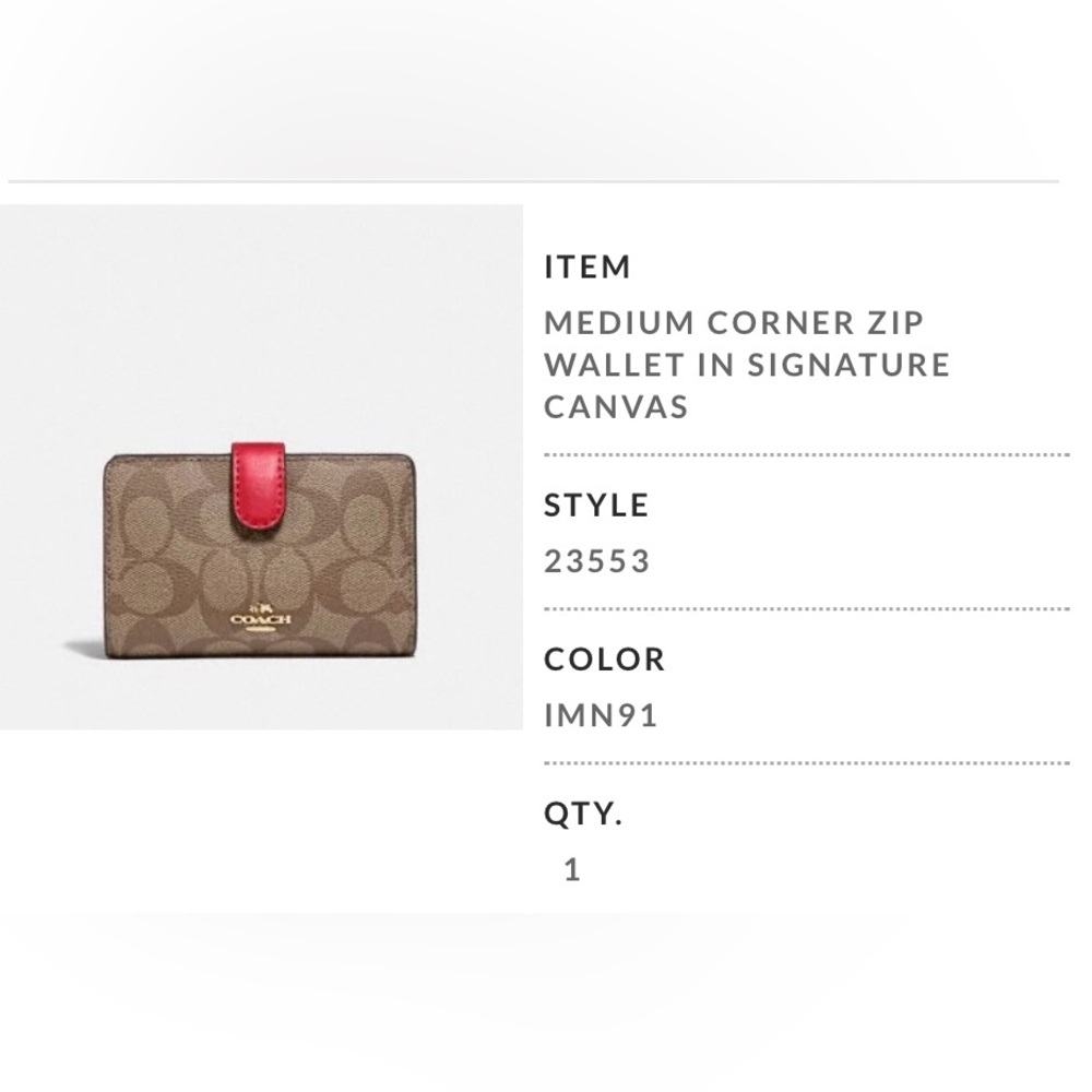 Coach Medium Corner Zip Wallet in Signature Canvas. Khaki and Poppy color